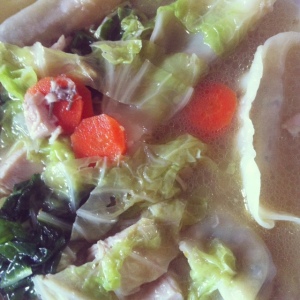 Homemade Chicken Soup with Store Bought Dumplings, Savoy Cabbage, Carrots and Swiss Chard